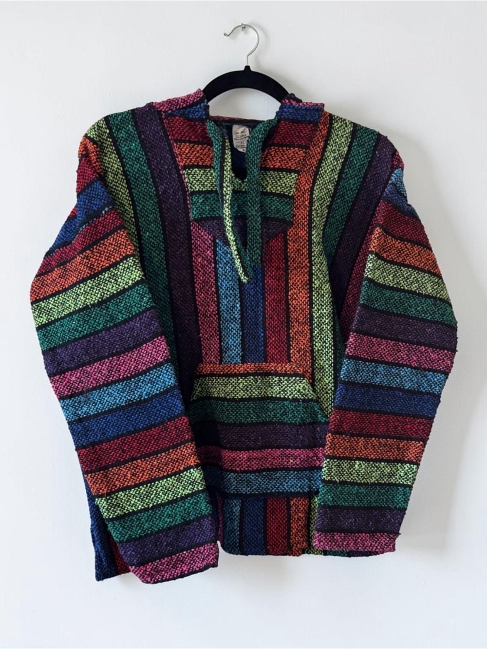 Art Maz Baja Hoodie Pullover Multicolor Striped Woven Mexican Hoodie Medium